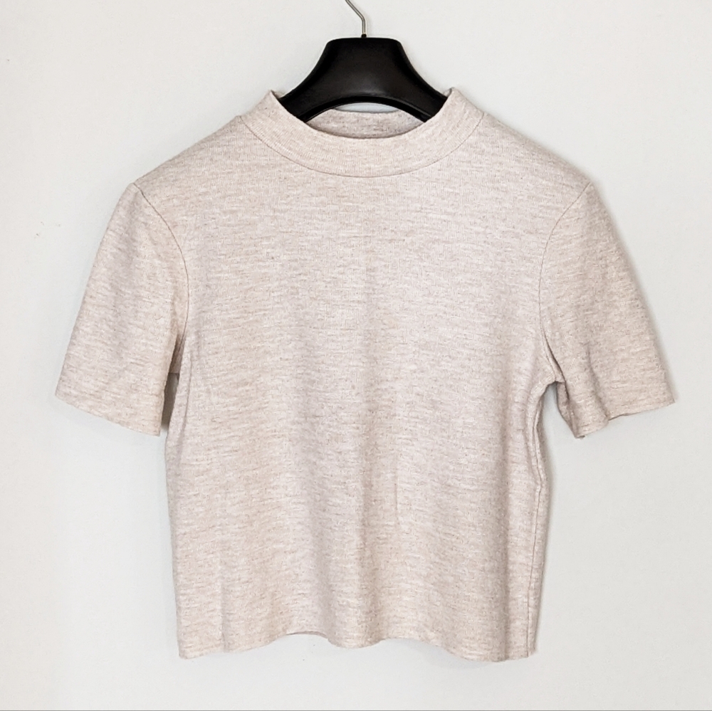 Zara - T-Shirt Mock Neck Short Sleeve Loose Fit Sweater Rib Knit Cream Beige